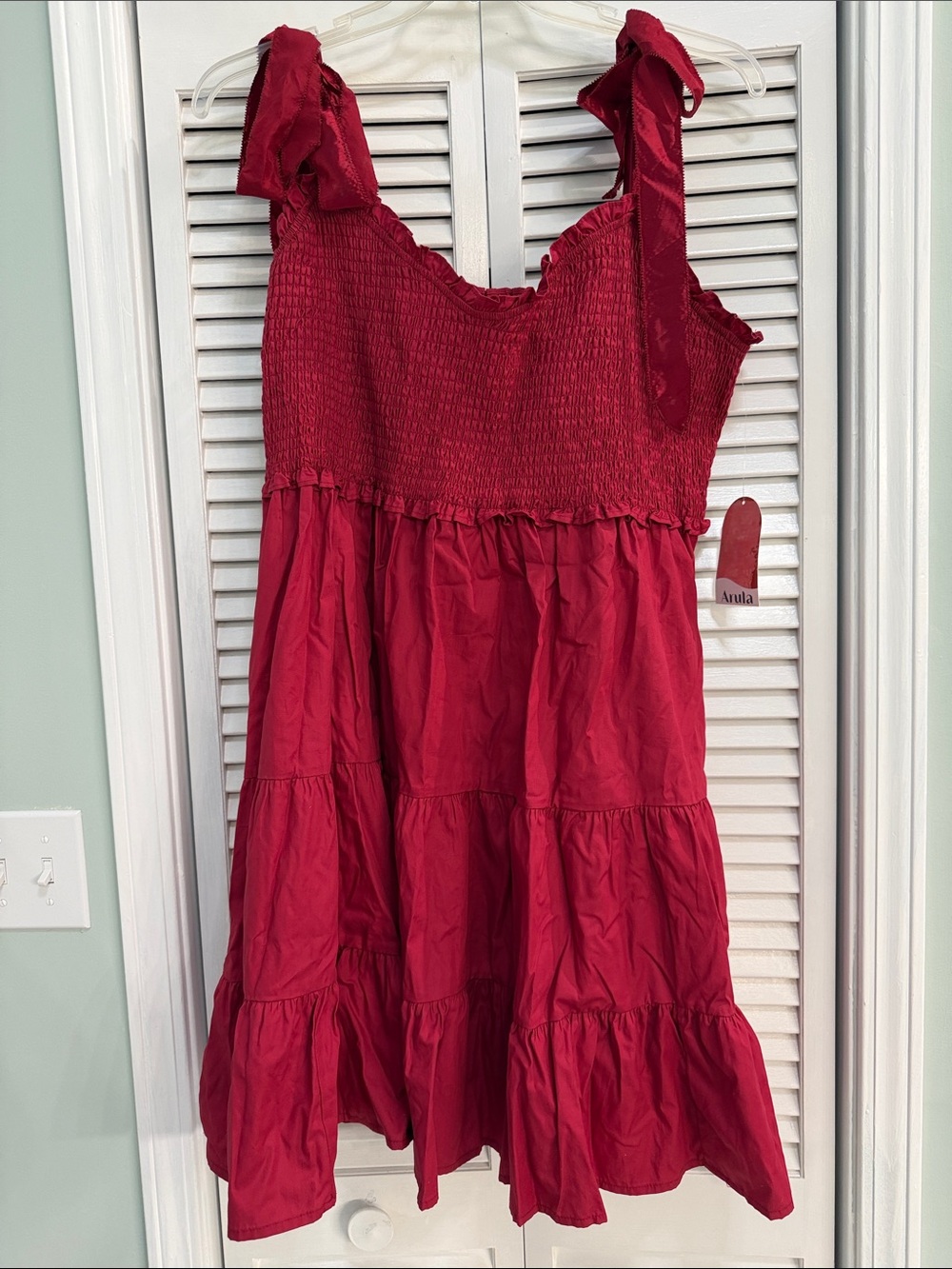 NWT Arula Red Tie-Shoulder Smocked Tiered Dress